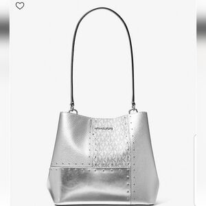 Michael Kors Pratt Medium Studded Silver Metallic Patchwork Logo Shoulder Bag